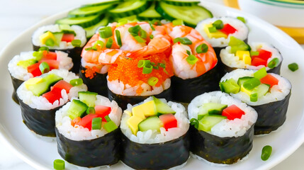 Poster - A plate of assorted sushi rolls featuring fresh cucumber, avocado, red bell pepper, shrimp, and roe, garnished with green onions.