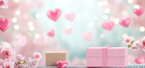 Poster - Beautiful arrangement of gifts and roses set against a dreamy pink backdrop filled with hearts and soft lights