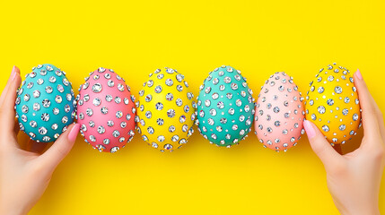 Poster - Colorful decorative Easter eggs arranged in a line on a vibrant yellow background with hands holding the pink and blue eggs