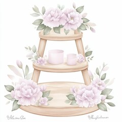 Wall Mural - a watercolor illustration of a wooden ladder surrounded by soft pastel flowers and lush green leaves, evoking tranquility