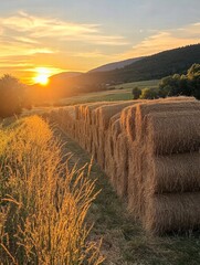 Fototapete - Golden sunset over hay bales in a tranquil countryside landscape with rolling hills. Generative AI