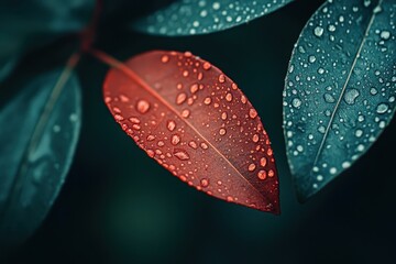 Sticker - Close-up of red and teal leaves with water droplets. Perfect for nature, serenity, or autumn themes.