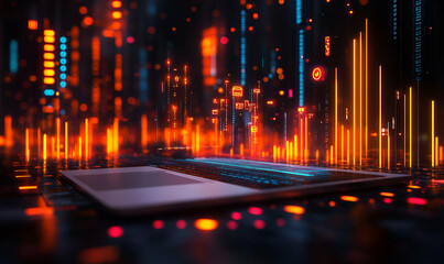 Poster - Laptop, futuristic city, data, night, digital, glow, technology, background, open, interface