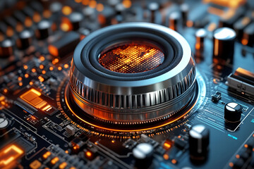 Poster - Futuristic lens on circuit board, glowing