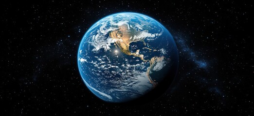stunning earth view from space with cosmic light, sunrise over planet, panoramic astronomy and celes