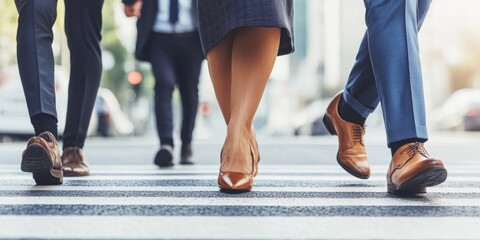 Business people walking across intersection urban setting lifestyle concept daylight candid viewpoint