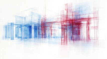 Poster - Abstract Architectural Wireframe Design in Blue and Red