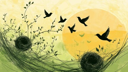 Poster - Silhouetted birds flying at sunset over nests and branches in a serene nature setting. Generative AI