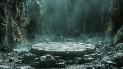 Poster - Stone Platform in Cave Ethereal Lighting Dramatic Showcase Geometric Dark Display