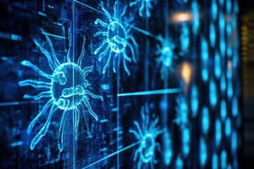 Fototapete - Glowing barrier neutralizes viruses in a futuristic digital environment. Generative AI