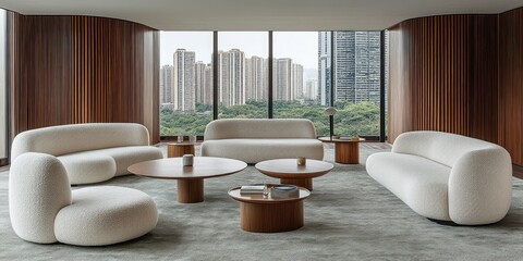 Poster - Modern apartment living room with city view, comfy sofas & wooden tables