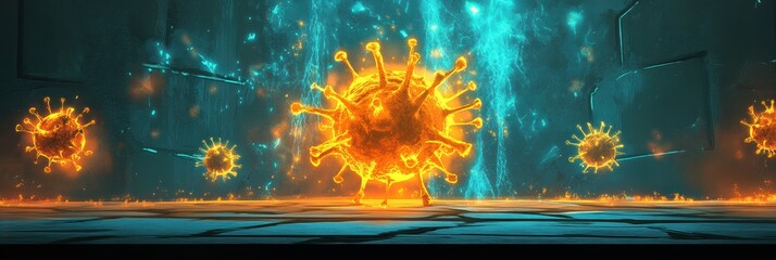 Fototapete - Strong glowing wall deflects viruses in a dynamic protective environment near the source of infection. Generative AI