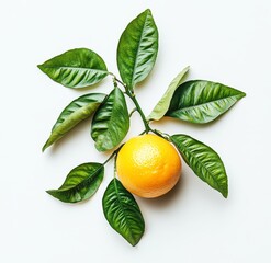 Wall Mural - Single orange fruit with green leaves on white background. (1)