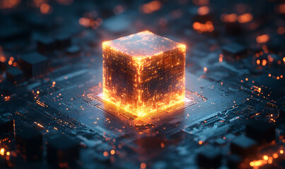 Poster - Glowing Cube on Circuit Board, Technology Concept