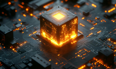 Poster - Glowing Cube CPU on Circuit Board