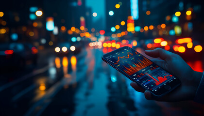 Poster - Night city trader checks stock market app