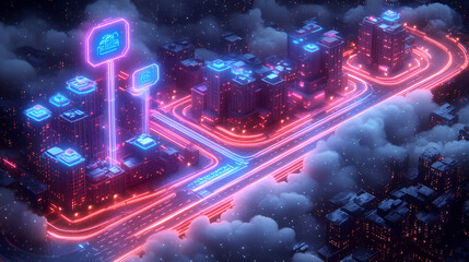 Poster - Neon city cloud data transfer