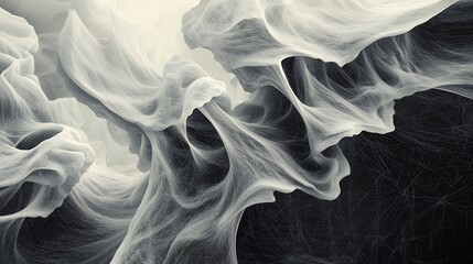 Abstract grayscale artwork depicting a surreal, ethereal web-like structure, resembling flowing fabric or a spiderweb, with intricate details and a dark background.