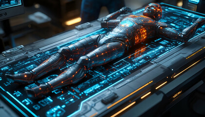 Poster - Robot repair futuristic lab, diagnostic scan