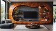 © ari - Modern living room with curved wooden entertainment wall, TV, and sofa.