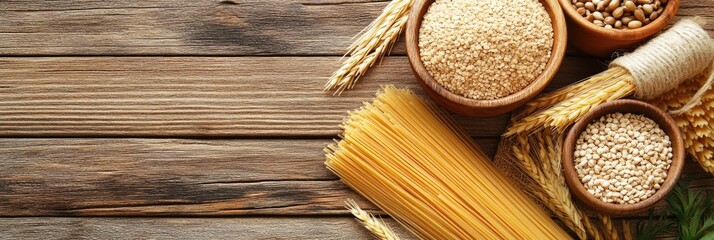 Canvas Print - Wooden table, pasta, grains, wheat. Food ingredients background