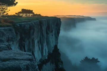 Sticker - Cliffs Covered in Lime Mist During Morning Twilight, Creating a Secretive Scene