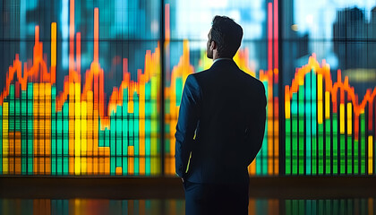Poster - Businessman views city market data graphs
