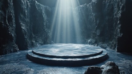 Poster - Circular Platform Surrounded by Dark Jagged Rocks Illuminated by Spotlight for Showcase Display in Hyper-Realistic Style