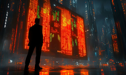 Poster - Futuristic city businessman data screen night