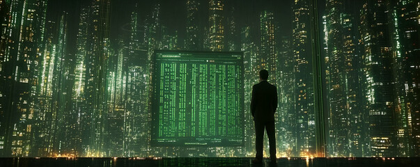 Poster - Man views code, futuristic city