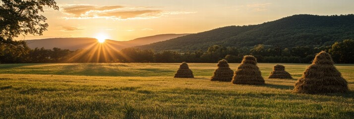 Poster - Sunset over a peaceful field with hay bales in a rural landscape. Generative AI