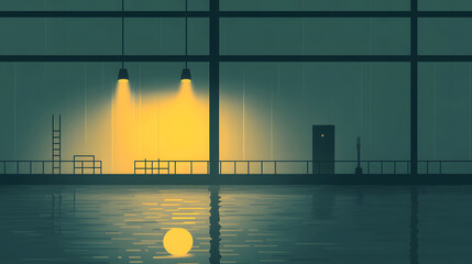 Poster - A serene indoor scene with yellow lights reflecting on water in a dimly lit space