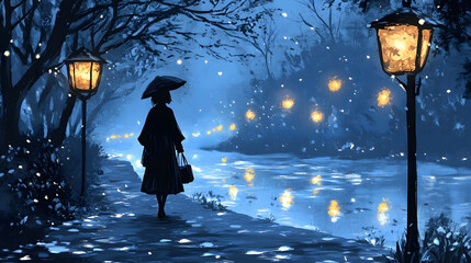Poster - Silhouette of a woman with an umbrella by a moonlit river, surrounded by glowing lanterns