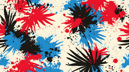 Poster - Colorful abstract pattern with splashes and palm leaves in red, blue, and black on a light background