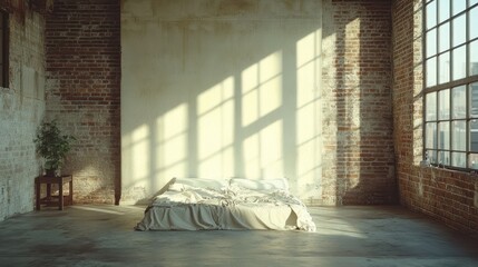 Canvas Print - Sunlit Loft Bedroom: Minimalist Design in Industrial Space