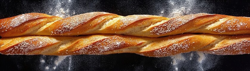 Two crusty bread loaves, flour dust, dark background, baking