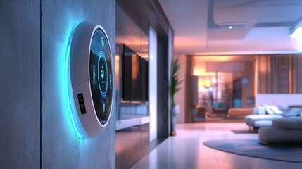 Poster - futuristic idea for a smart home device that integrates AI for managing energy consumption efficiently