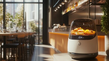Poster - futuristic service robot delivering food in a restaurant, featuring a sleek design and user-friendly interface