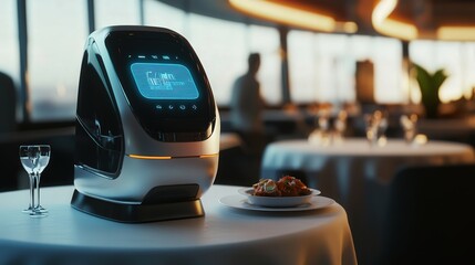 Poster - futuristic service robot delivering food in a restaurant, featuring a sleek design and user-friendly interface