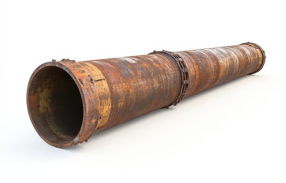 Rusty metal pipe with connecting bands, isolated on white background.