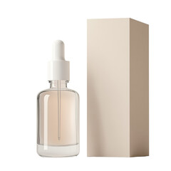 Aufkleber - A clear glass dropper bottle containing a light beige liquid sits next to its beige packaging box on a white background.