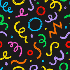 Poster - Kid seamless pattern child fun shape squiggle confetti background. Hand drawn color crayon background fun child squiggle shape. Crayon color confetti abstract seamless pattern vector illustration