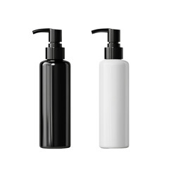 Aufkleber - A studio shot shows two cylindrical bottles with black pumps one black and one white against a white background.
