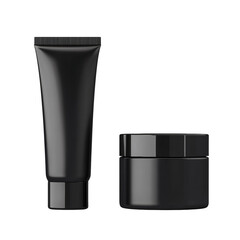 Aufkleber - A black cosmetic tube and jar sit on a white background, showcasing minimalist product packaging.