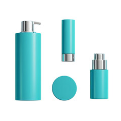 Aufkleber - A set of stylish teal cosmetic containers including a pump bottle, spray bottle, lip balm tube, and jar, presented on a white background.