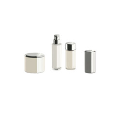 Poster - The image shows three sleek cosmetic containers a spray bottle and two jars against a clean white background, suggesting a minimalist aesthetic.