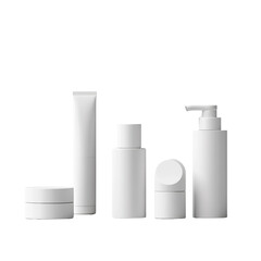 Aufkleber - A collection of blank white cosmetic containers including a tube, jars, and bottles are displayed against a simple white background.
