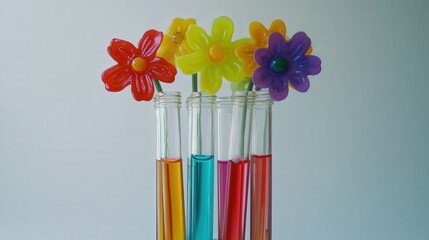 Poster - playful arrangement of test tubes resembling flowers in a vase, each filled with brightly colored liquids