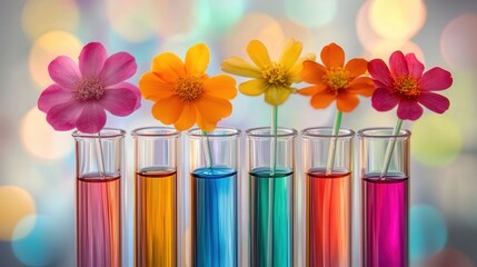 Poster - playful arrangement of test tubes resembling flowers in a vase, each filled with brightly colored liquids
