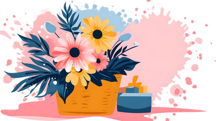 Aufkleber - Bright floral arrangement in a wicker basket with a pastel background